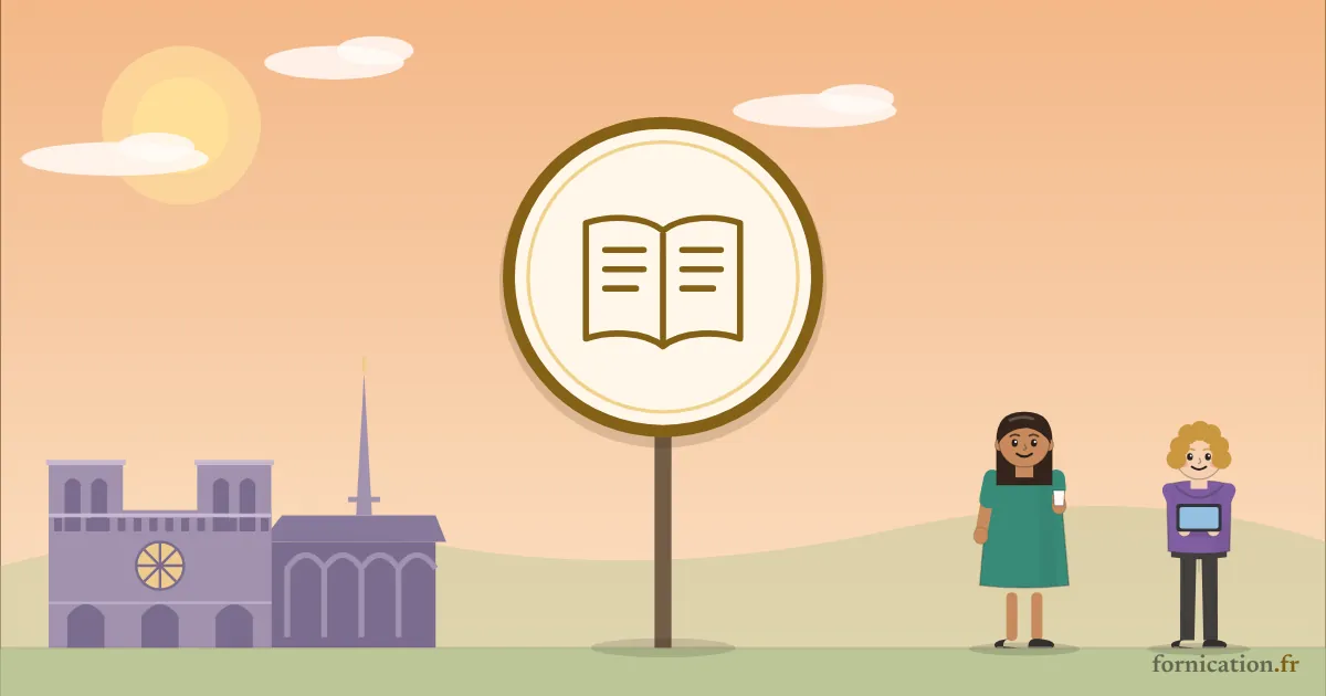 Illustration : un médaillon avec un livre ouvert, devant Notre-Dame de Paris, entouré de passants d'aujourd'hui
