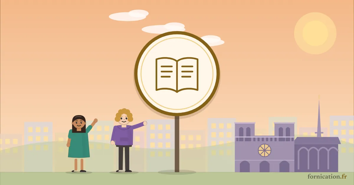 Illustration : un médaillon avec un livre ouvert, devant Notre-Dame de Paris, entouré de passants d'aujourd'hui