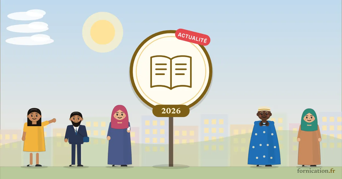 Illustration : un médaillon avec un livre ouvert et l'année 2026, entouré de passants d'aujourd'hui