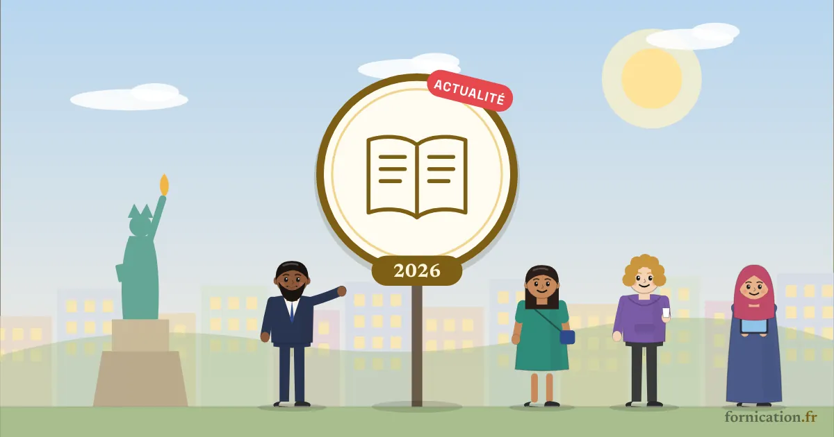 Illustration : un médaillon avec un livre ouvert et l'année 2026, devant la statue de la Liberté, entouré de passants d'aujourd'hui