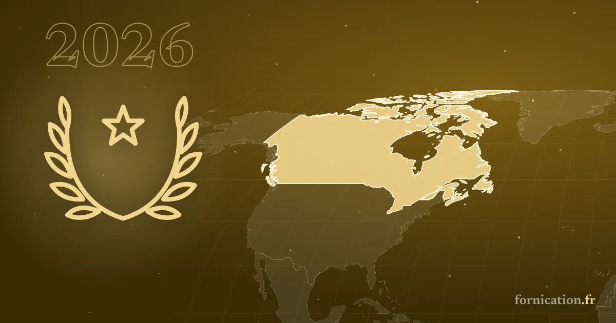 Couverture illustrée : une couronne de laurier sur une carte (Canada), 2026