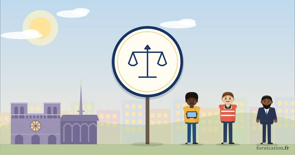 Illustration : un médaillon avec la balance de la justice, devant Notre-Dame de Paris, entouré de passants d'aujourd'hui