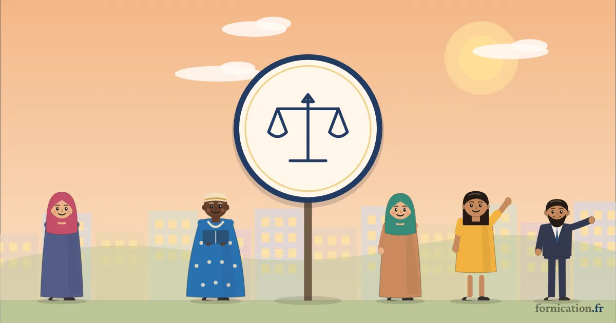 Illustration : un médaillon avec la balance de la justice, entouré de passants d'aujourd'hui
