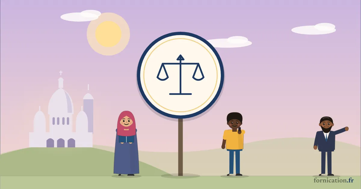 Illustration : un médaillon avec la balance de la justice, devant le Sacré-Cœur de Montmartre, entouré de passants d'aujourd'hui