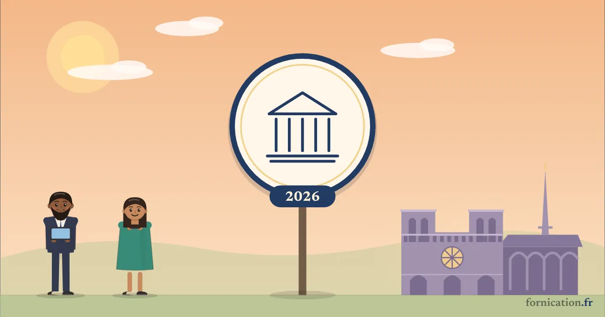 Illustration : un médaillon avec un palais de justice et l'année 2026, devant Notre-Dame de Paris, entouré de passants d'aujourd'hui