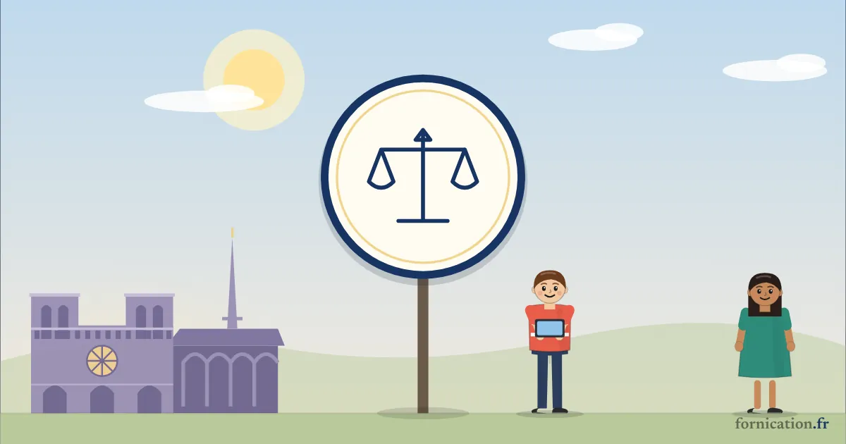 Illustration : un médaillon avec la balance de la justice, devant Notre-Dame de Paris, entouré de passants d'aujourd'hui