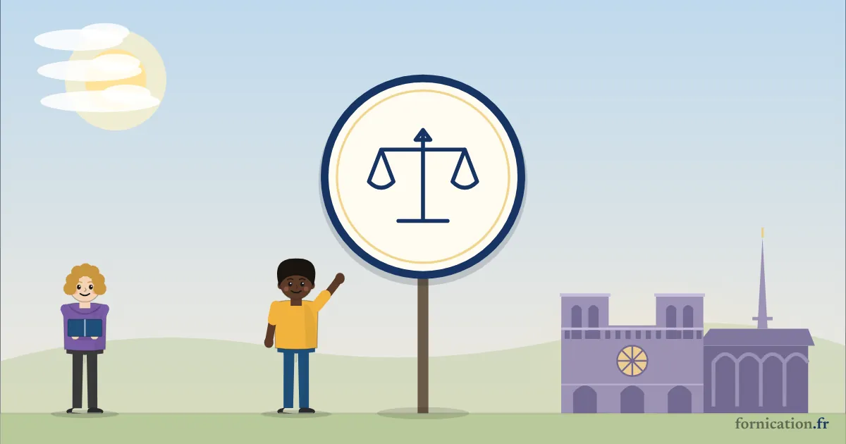 Illustration : un médaillon avec la balance de la justice, devant Notre-Dame de Paris, entouré de passants d'aujourd'hui