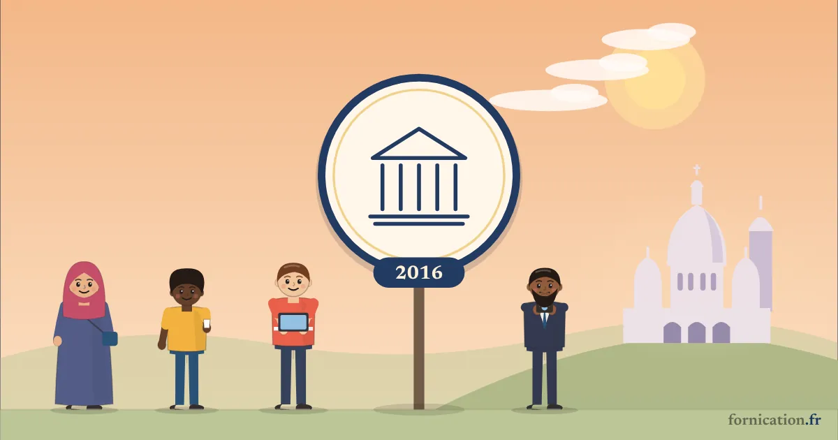 Illustration : un médaillon avec un palais de justice et l'année 2016, devant le Sacré-Cœur de Montmartre, entouré de passants d'aujourd'hui