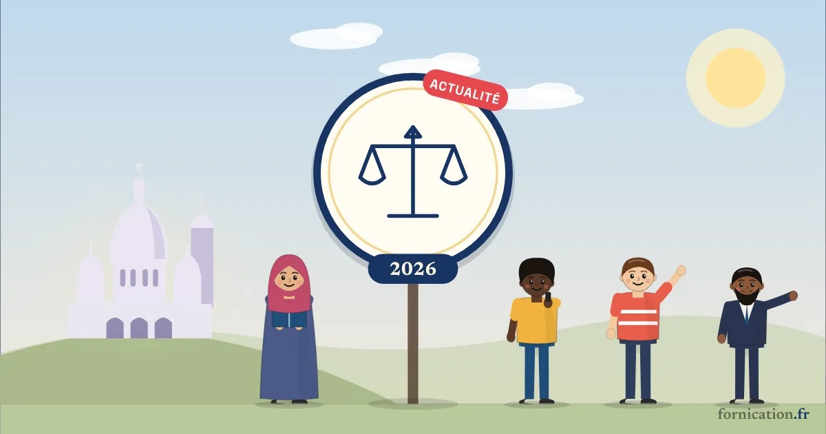 Illustration : un médaillon avec la balance de la justice et l'année 2026, devant le Sacré-Cœur de Montmartre, entouré de passants d'aujourd'hui