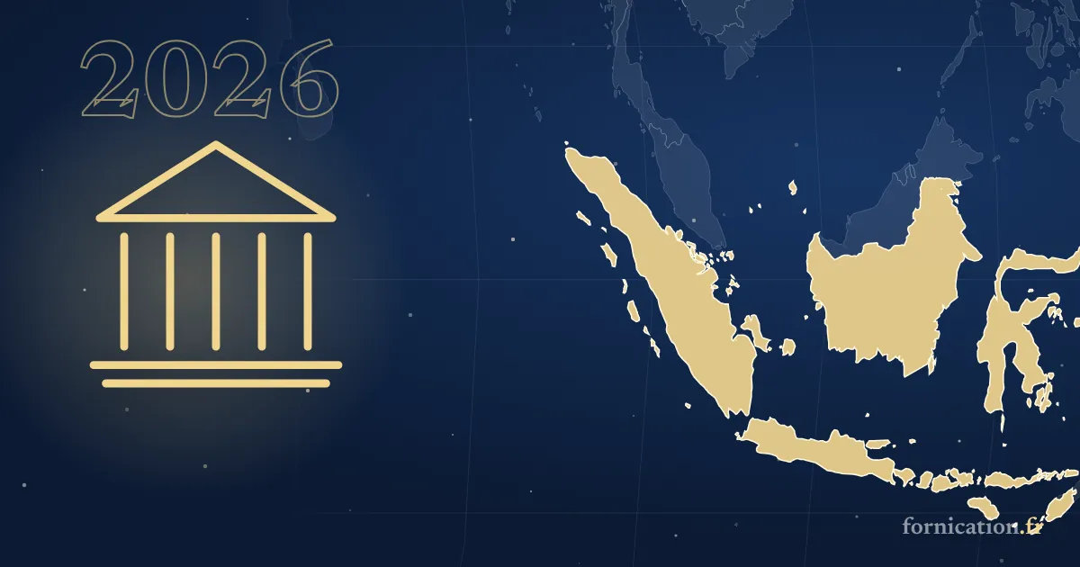 Couverture illustrée : un palais de justice sur une carte (Indonésie), 2026