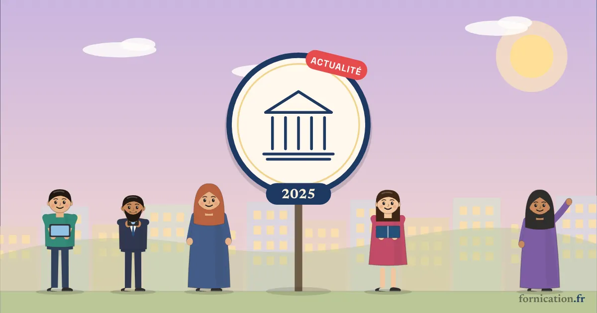 Illustration : un médaillon avec un palais de justice et l'année 2025, entouré de passants d'aujourd'hui