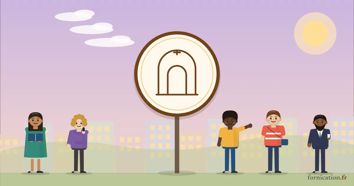 Illustration : un médaillon avec une arche romaine, entouré de passants d'aujourd'hui