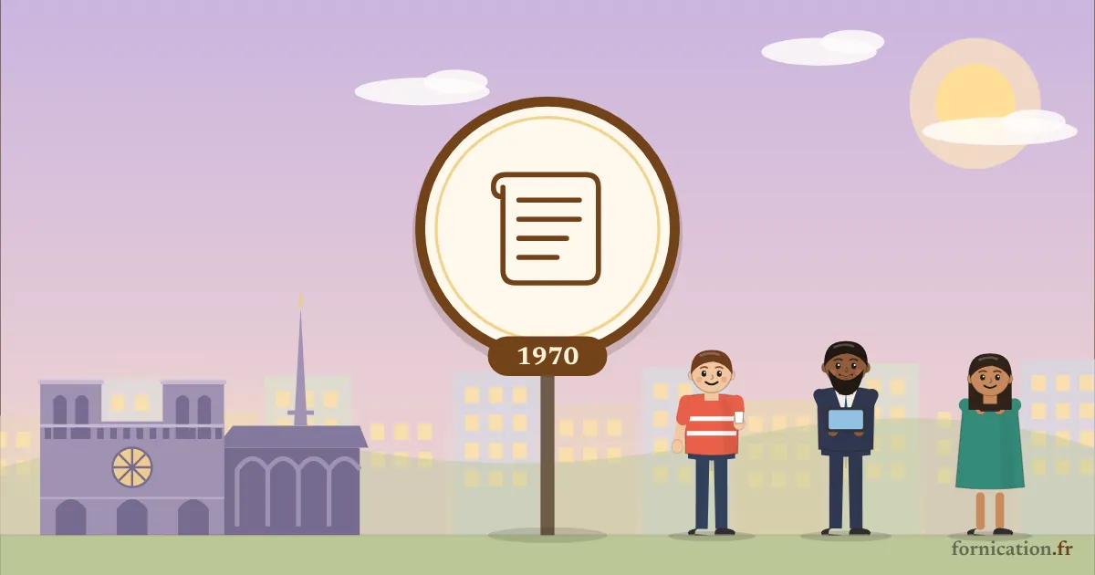 Illustration : un médaillon avec un parchemin et l'année 1970, devant Notre-Dame de Paris, entouré de passants d'aujourd'hui