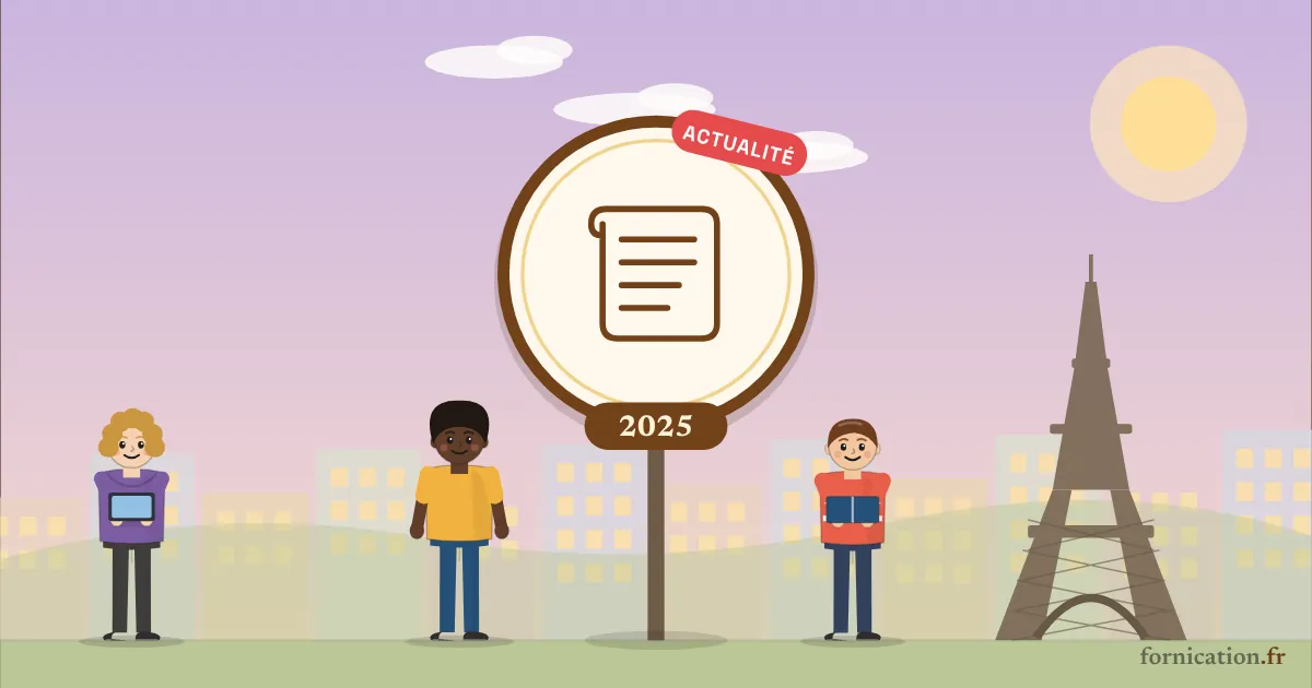 Illustration : un médaillon avec un parchemin et l'année 2025, devant la tour Eiffel, entouré de passants d'aujourd'hui