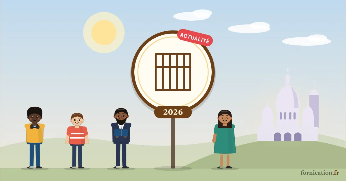 Illustration : un médaillon avec des barreaux de prison et l'année 2026, devant le Sacré-Cœur de Montmartre, entouré de passants d'aujourd'hui