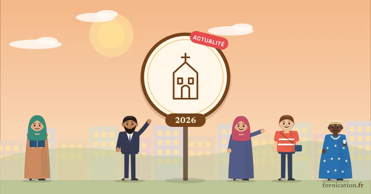 Illustration : un médaillon avec une église et l'année 2026, entouré de passants d'aujourd'hui
