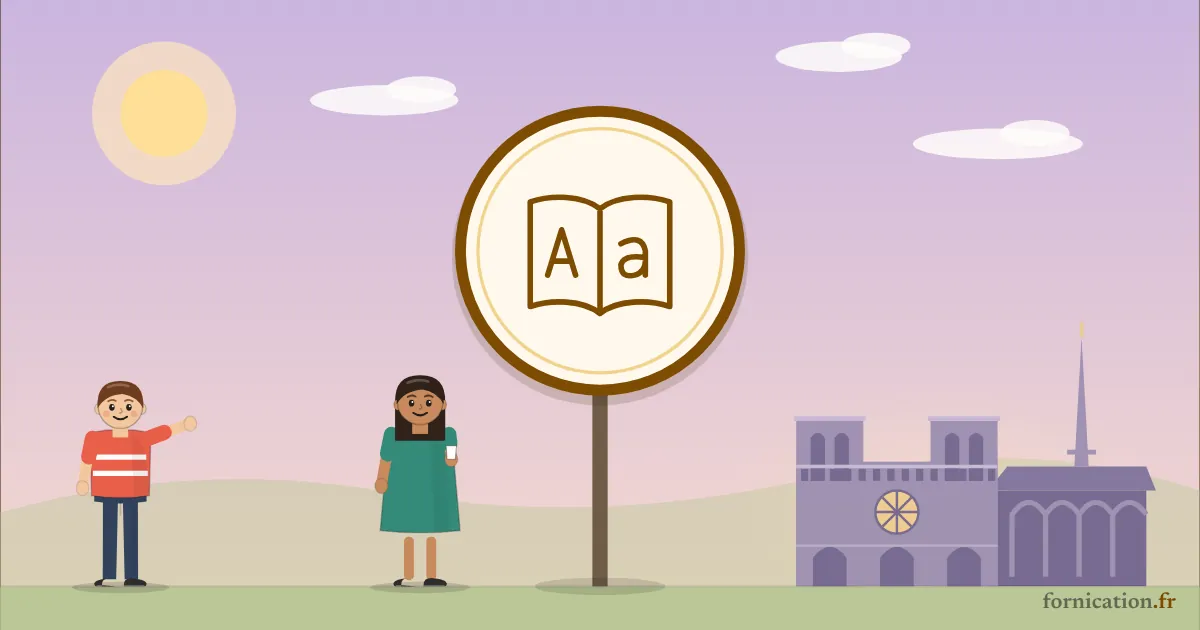 Illustration : un médaillon avec un dictionnaire, devant Notre-Dame de Paris, entouré de passants d'aujourd'hui