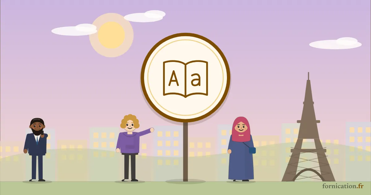 Illustration : un médaillon avec un dictionnaire, devant la tour Eiffel, entouré de passants d'aujourd'hui