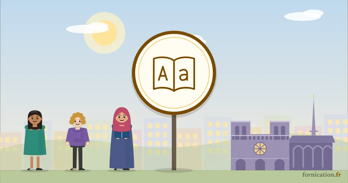 Illustration : un médaillon avec un dictionnaire, devant Notre-Dame de Paris, entouré de passants d'aujourd'hui