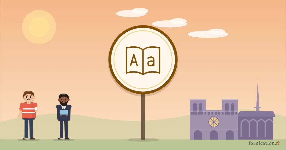 Illustration : un médaillon avec un dictionnaire, devant Notre-Dame de Paris, entouré de passants d'aujourd'hui