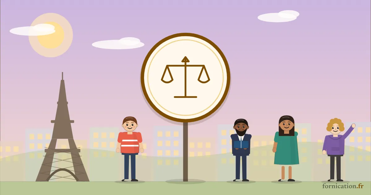 Illustration : un médaillon avec la balance de la justice, devant la tour Eiffel, entouré de passants d'aujourd'hui