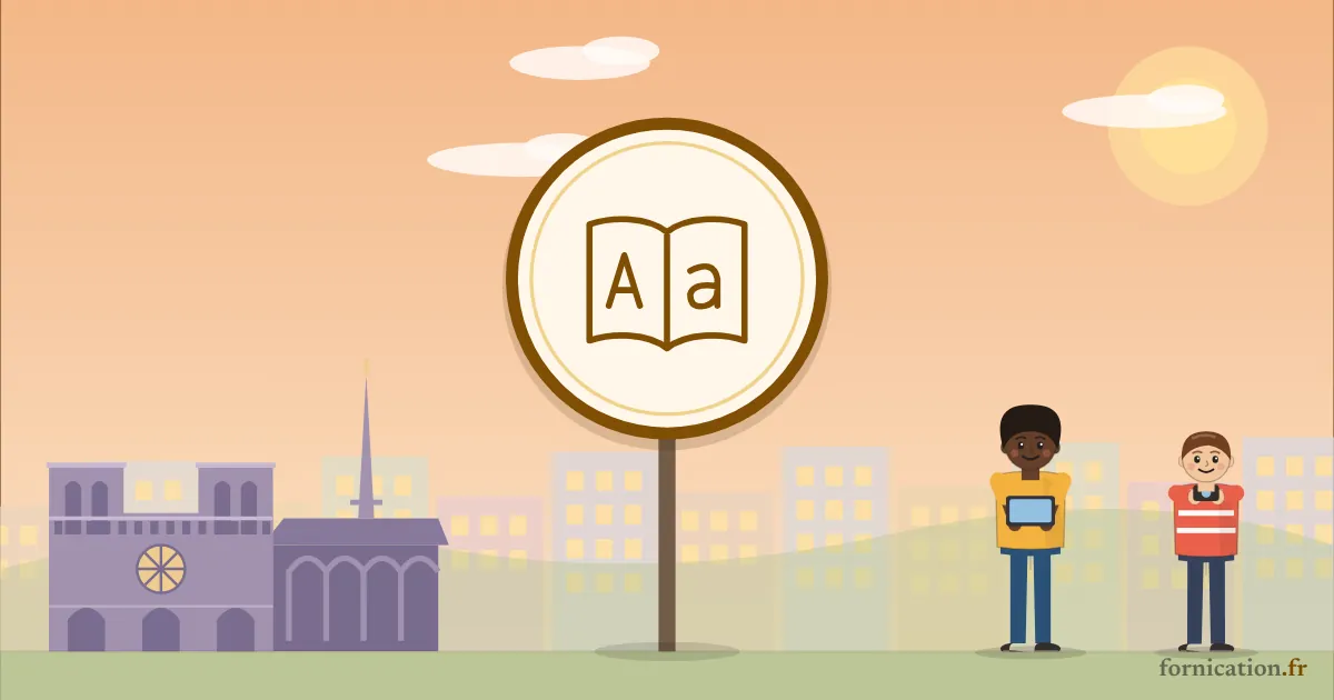 Illustration : un médaillon avec un dictionnaire, devant Notre-Dame de Paris, entouré de passants d'aujourd'hui