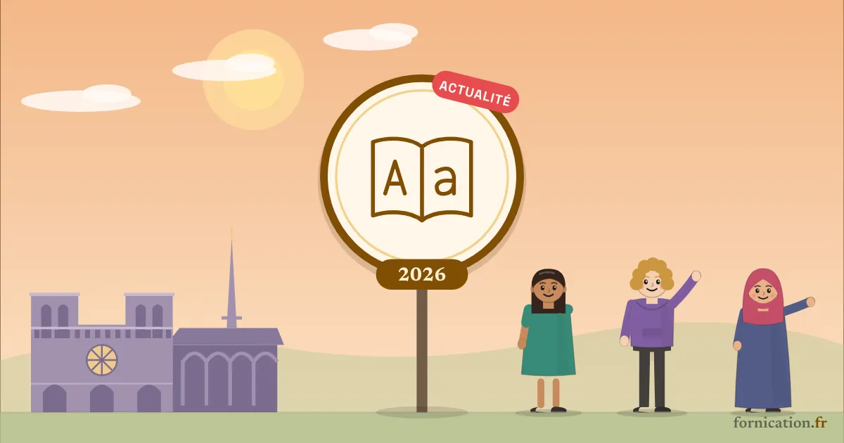 Illustration : un médaillon avec un dictionnaire et l'année 2026, devant Notre-Dame de Paris, entouré de passants d'aujourd'hui