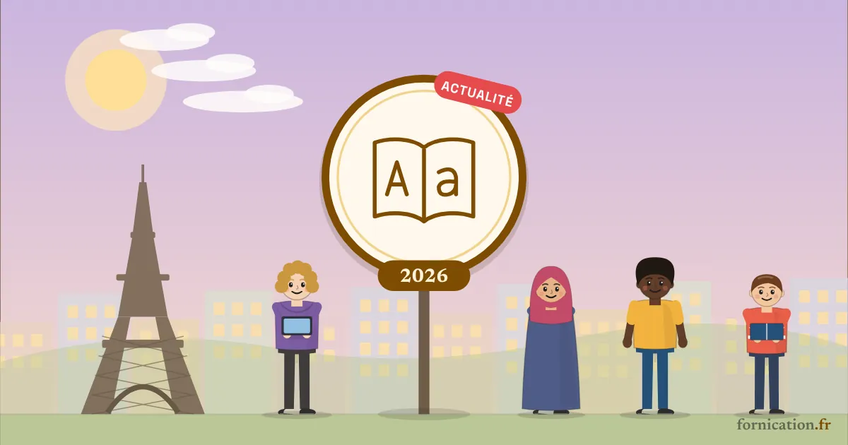 Illustration : un médaillon avec un dictionnaire et l'année 2026, devant la tour Eiffel, entouré de passants d'aujourd'hui