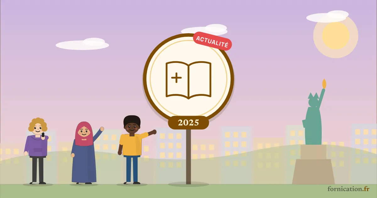 Illustration : un médaillon avec une Bible ouverte et l'année 2025, devant la statue de la Liberté, entouré de passants d'aujourd'hui