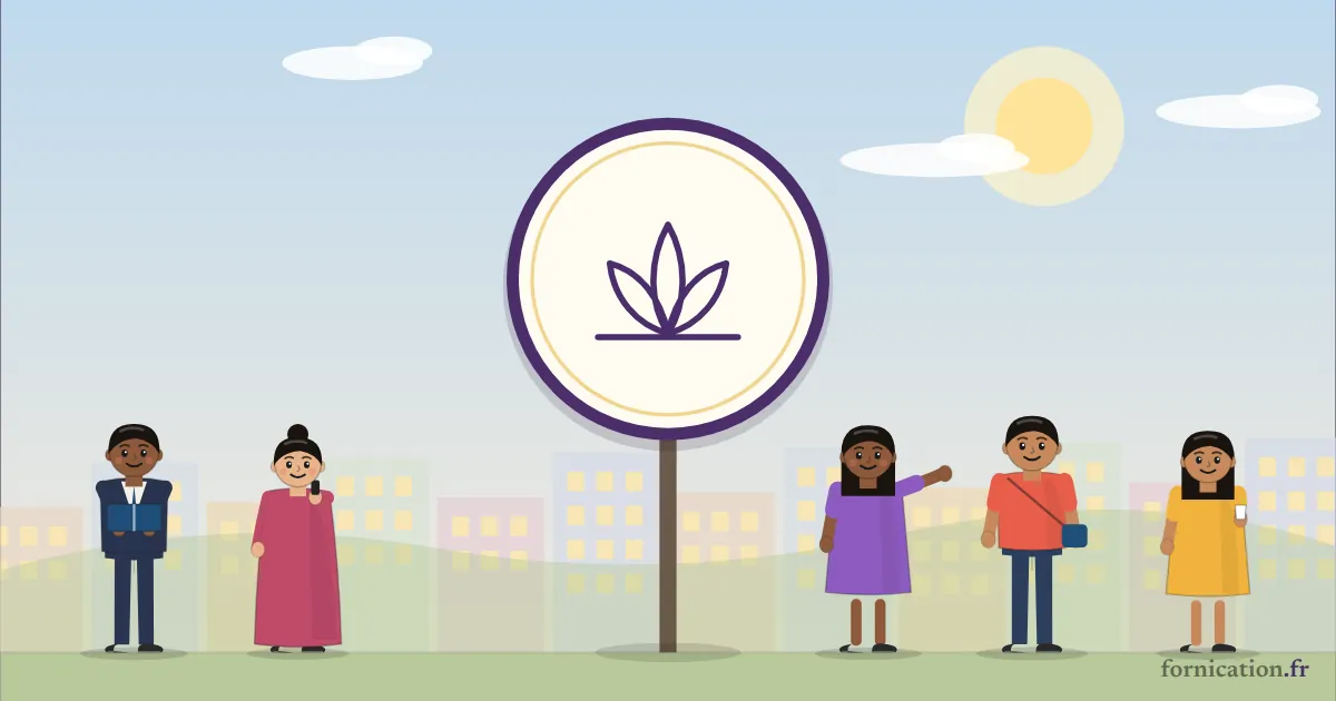 Illustration : un médaillon avec une fleur de lotus, entouré de passants d'aujourd'hui