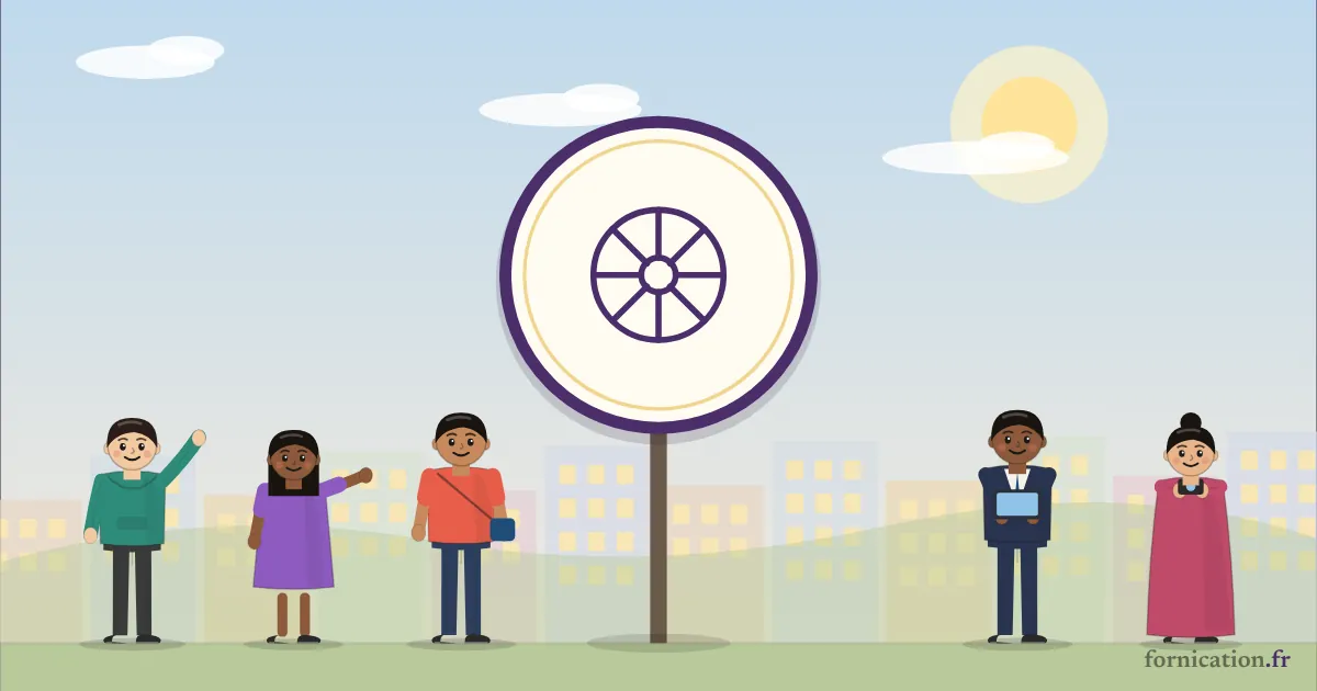 Illustration : un médaillon avec la roue du dharma, entouré de passants d'aujourd'hui