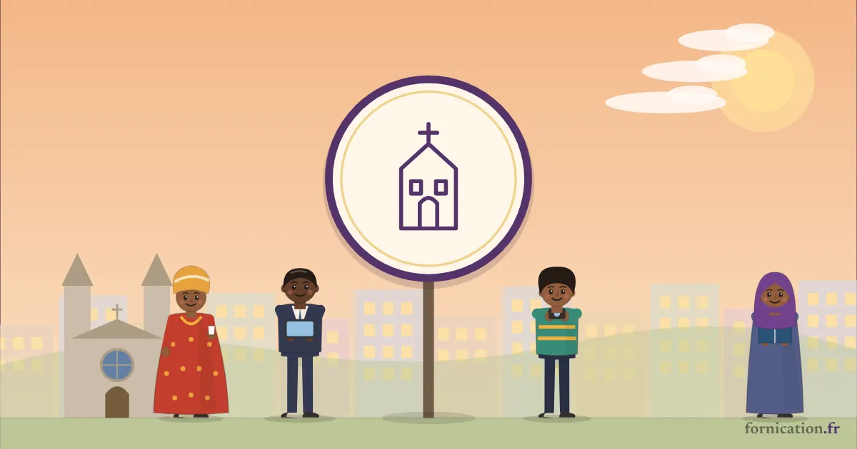 Illustration : un médaillon avec une église, entouré de passants d'aujourd'hui