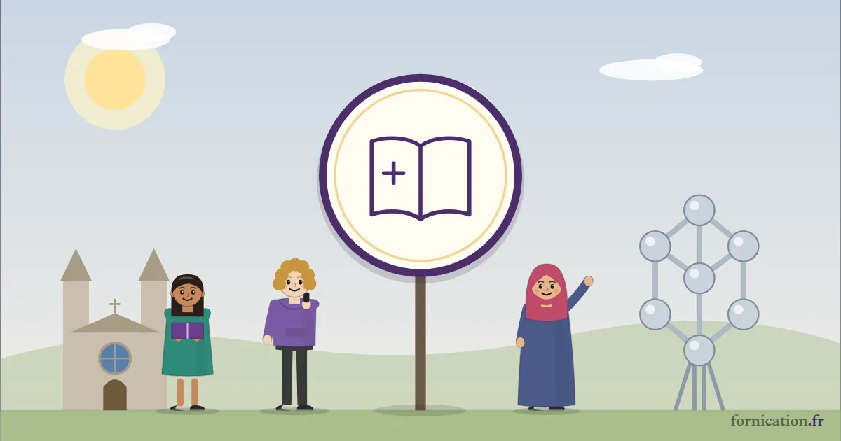 Illustration : un médaillon avec une Bible ouverte, devant l'Atomium de Bruxelles, entouré de passants d'aujourd'hui