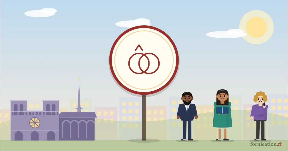 Illustration : un médaillon avec deux alliances, devant Notre-Dame de Paris, entouré de passants d'aujourd'hui