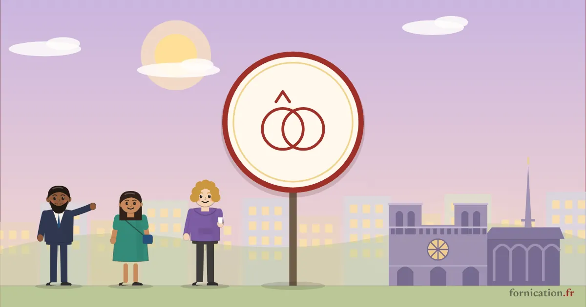 Illustration : un médaillon avec deux alliances, devant Notre-Dame de Paris, entouré de passants d'aujourd'hui